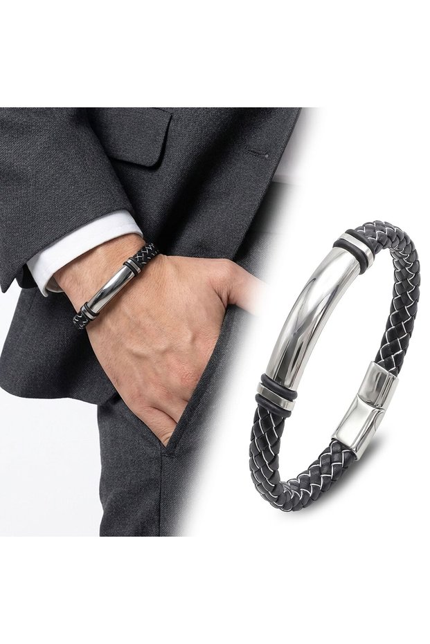 💎 Premium Name Engravable Black and White D Leather and White Titanium Lock Bracelet 31833B15D10 - 20 cm