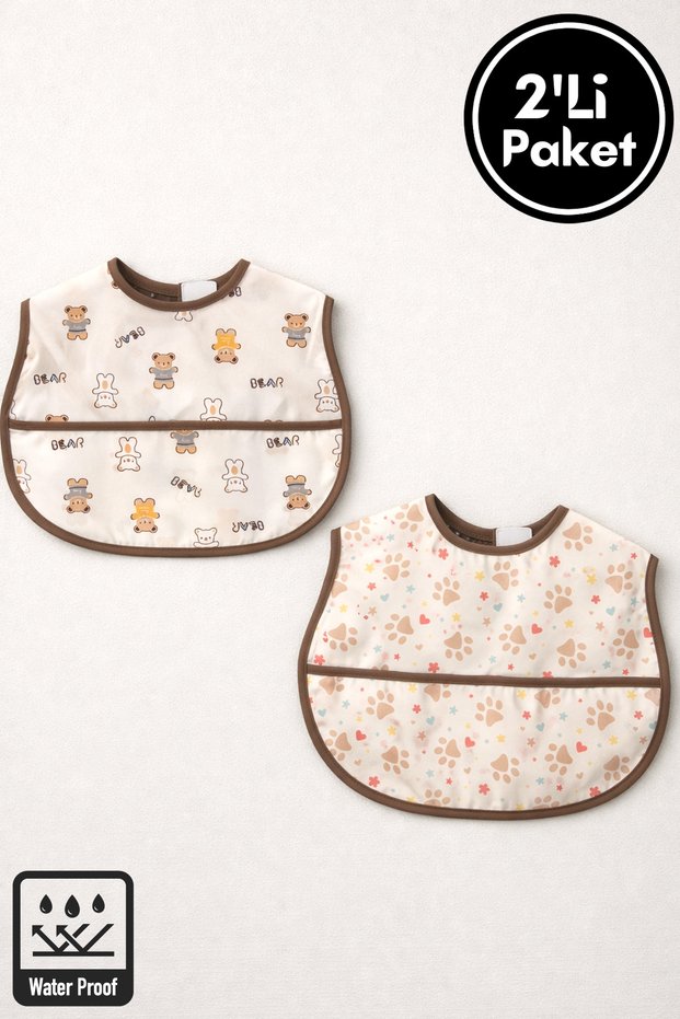 Unisex Baby Printed Sleeveless Pocket Detail Velcro Liquid-Proof 2-Piece Baby Bib 6-36 Months