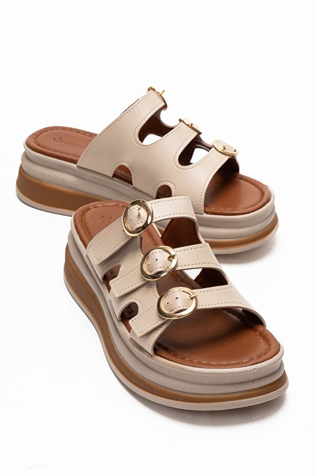 Women's 3 Rings Buckled Slipper Beige