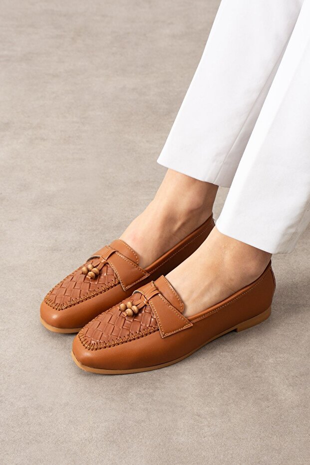 Novera Tan Knitted Stitched Beaded Tasseled Loafers Ballet Flats Casual Shoes