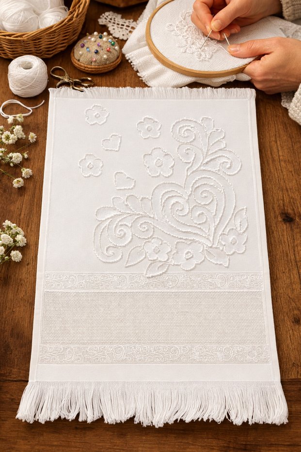 Velvet Etamin Fringed Kitchen Towel | 30X50 cm | Cream Color | Set of 2 | Stylish and Soft-Textured
