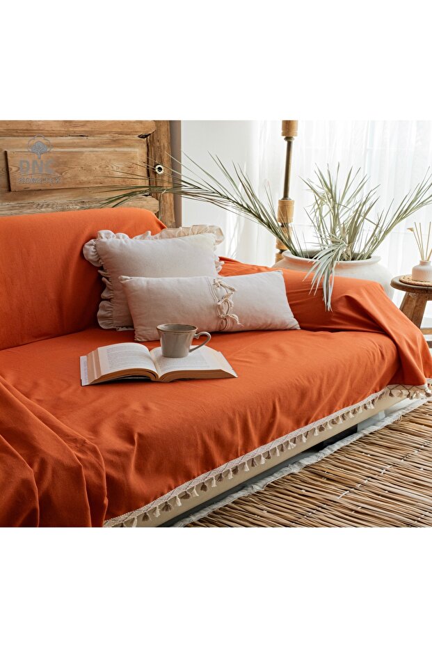 Premium Linen Cinnamon Brown Pom-Pom Sofa Cover [170X220]