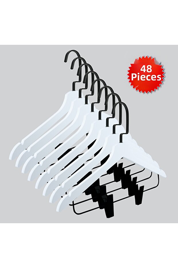Wooden (Black Hook Lama) Latch Shirt and Skirt Hanger White Color 48 Pieces