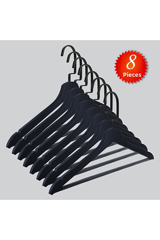 Wooden (Black Hook Lama) Bar Hanger for Shirts and Trousers, Black Color, 8 Pieces
