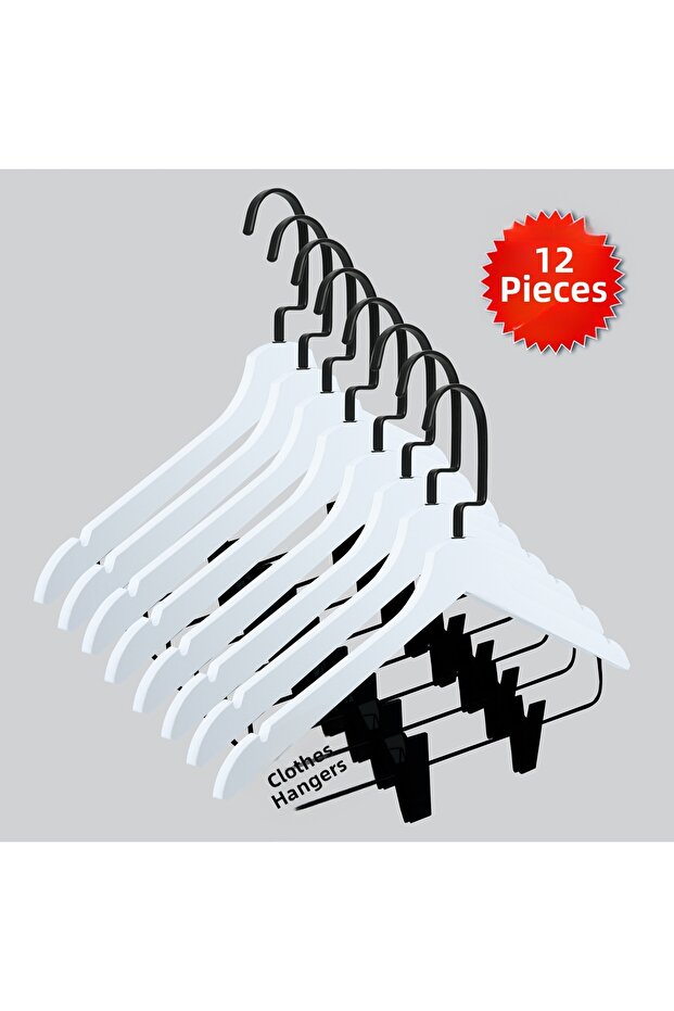 Wooden (Black Hook Lama) Latch Shirt and Skirt Hanger White Color 12 Pieces