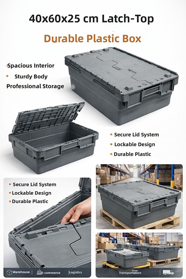 10Lu 40*60*25 cm Gray Plastic Case with Hinged Lid