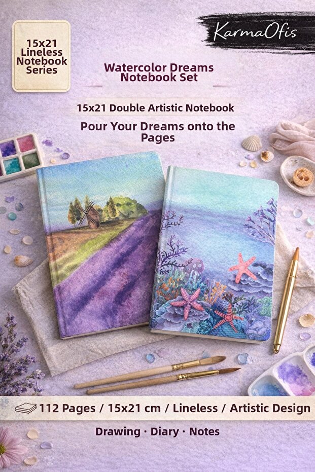 15X21 Unlined Notebook Set of 2 | Watercolor Dreams Series 112 Yp | Diary and Drawing Notebook