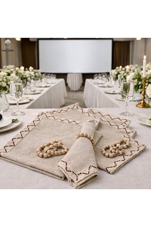 Natural Linen Cream Burgundy Striped Napkin Set [6-Piece with Buckle Gift]