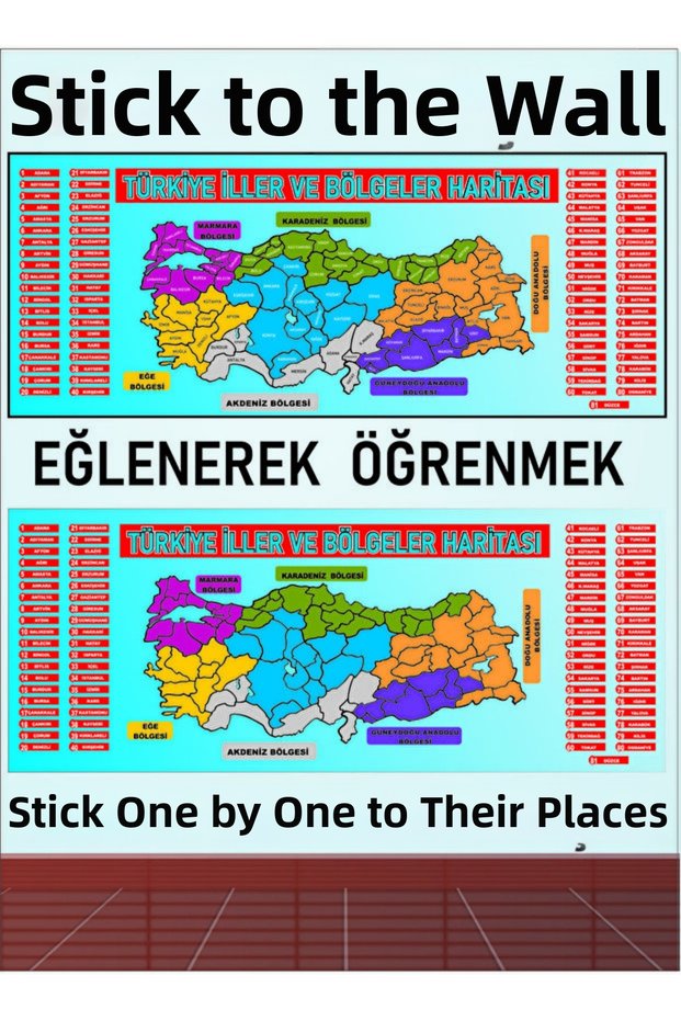 Türkiye Provinces and Regions Map Sticker 100X40Cm Sticker Set for Walls and School Nurseries