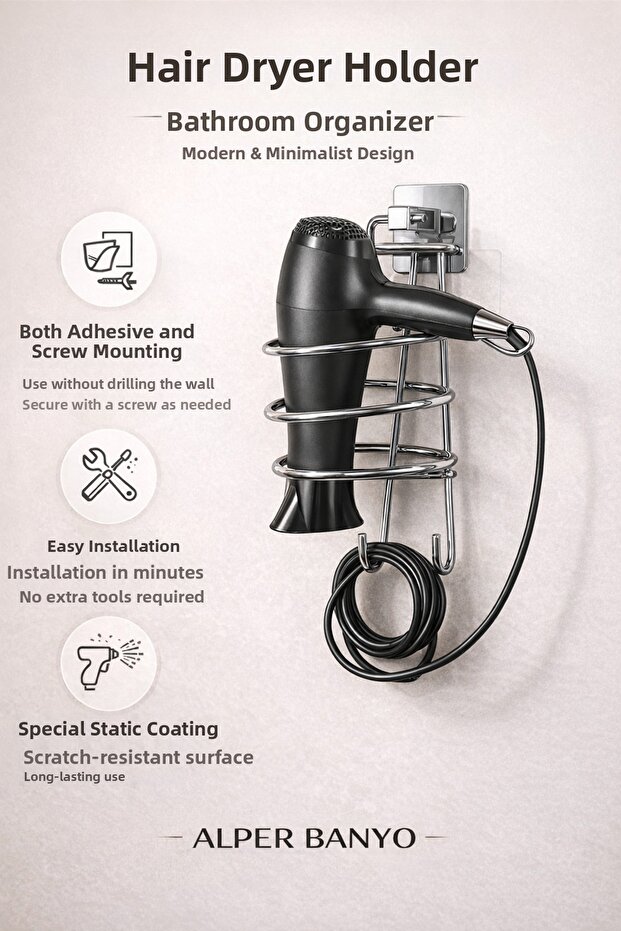 Chrome Square Blow Dryer Hanger | Hair Dryer Holder | Adhesive and Screw Mounting
