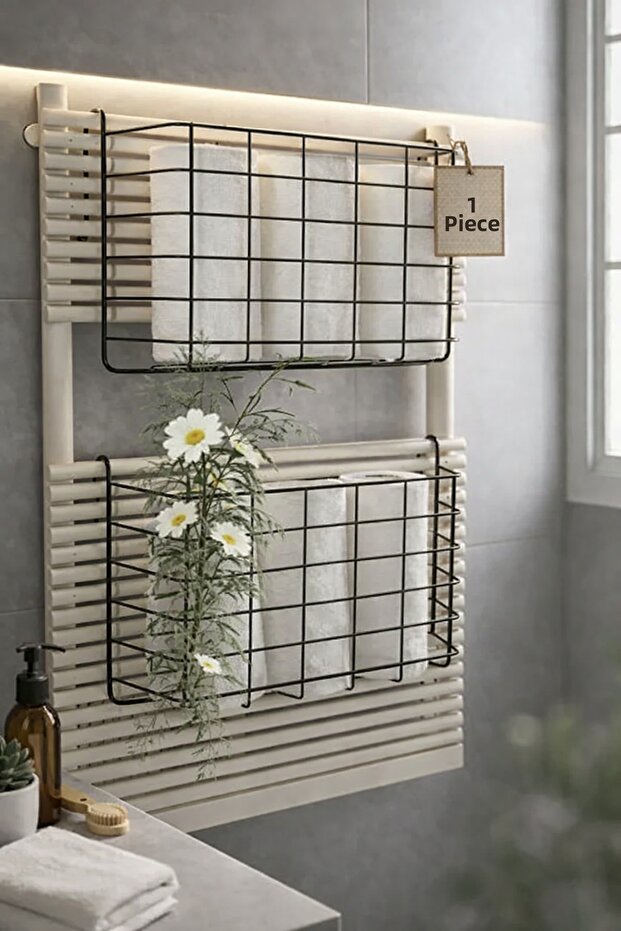 1 Piece Hangable Bathroom Organizer Towel Rack Organizer Towel Holder Drying Basket Shampoo Holder Hanger Black