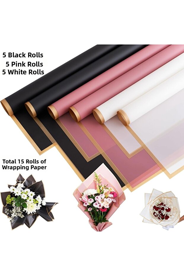 Flower Packaging Wrapping & Bouquet Paper - Black White Pink- Gold Edged 58*58 cm - Total 15 Pieces
