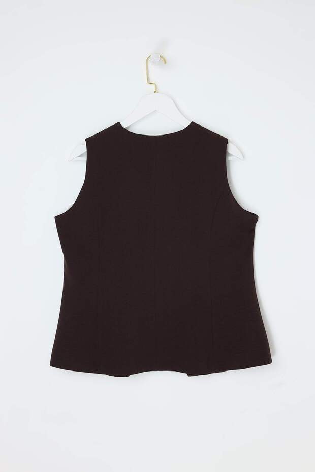 Wardrobe Essentials Kahverengi Kapalı V Yaka Büyük Beden Dokuma Yelek TBBSS26BH00003 - 4