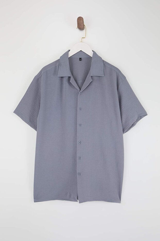 Açık Mavi Oversize Fit Yazlık Kısa Kollu Keten Görünümlü Gömlek TMNSS24GO00019 - 4