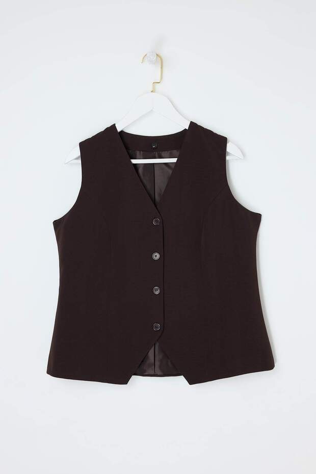 Wardrobe Essentials Kahverengi Kapalı V Yaka Büyük Beden Dokuma Yelek TBBSS26BH00003 - 3