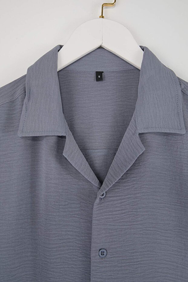 Açık Mavi Oversize Fit Yazlık Kısa Kollu Keten Görünümlü Gömlek TMNSS24GO00019 - 5
