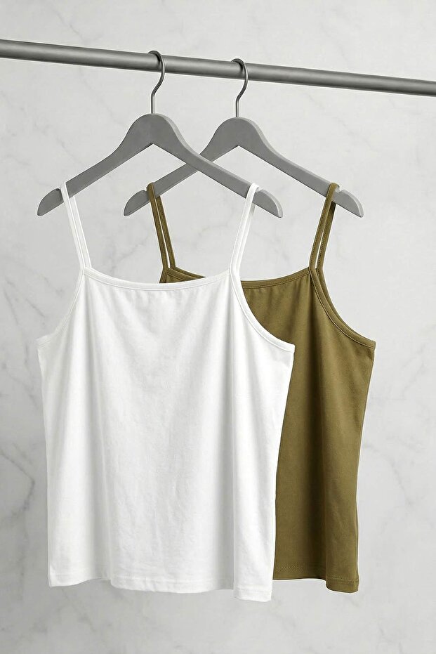 Beyaz-Yeşil 2'li Paket Askılı Crop Fitted Esnek Örme Atlet TBBSS26CV00002 - 7