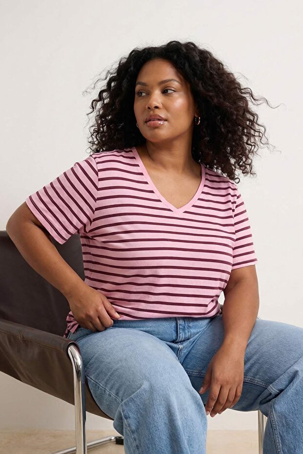 Kırmızı-Pembe Çizgili V -Yaka Örme T-shirt TBBSS23BF00016 - 3