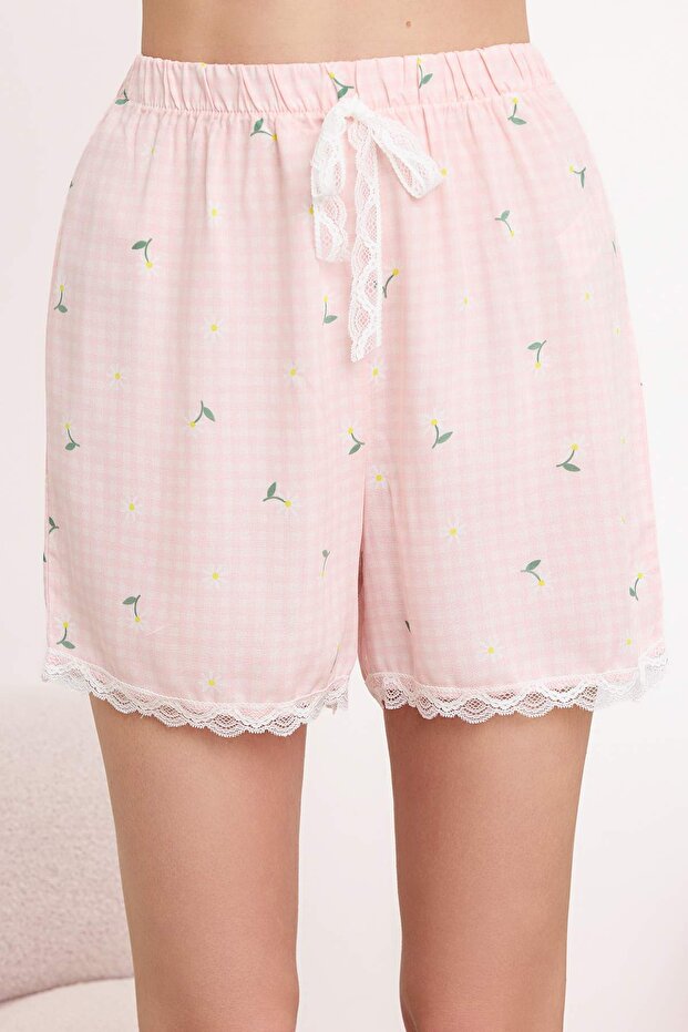 Pembe-Mavi Ekoseli Çiçekli Dantel Detaylı Viskon Dokuma Pijama Altı THMSS26PJ00005 - 3