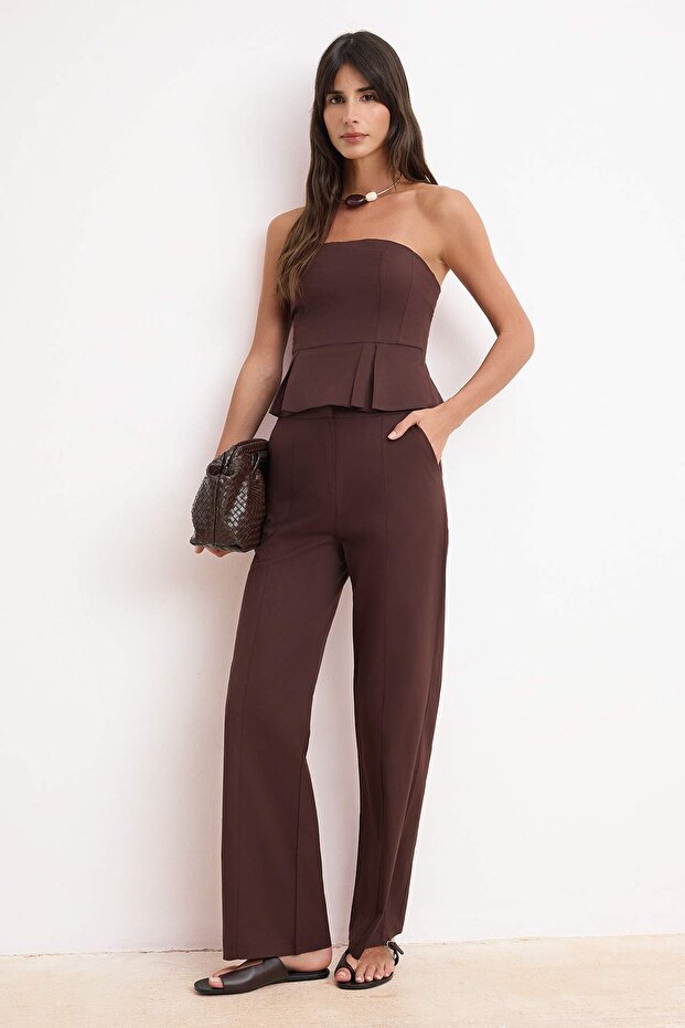 Kahverengi Peplum Bluz Düz Paça Pantolon Papertouch Dokuma Alt - Üst Takım TWOSS26AU00107 - 2