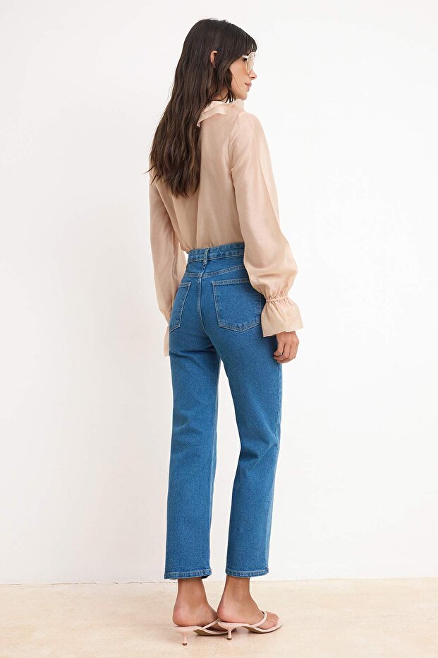 Mavi Yüksek Bel Orta Esnek Straight Düz Kesim Jeans TWOSS26JE00189 - 4