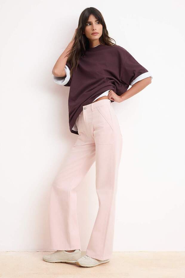 Pembe Cep Detaylı Yüksek Bel %100 Pamuk Wide Leg Jeans TWOSS26JE00168 - 1