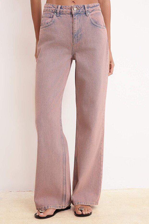 Pembe Yüksek Bel Wide Leg Geniş Paça %100 Pamuklu Jeans TWOSS26JE00175 - 3