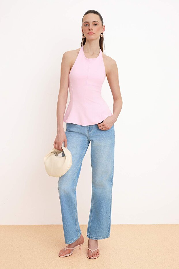Açık Pembe Fitted/Vücuda Oturan Boyundan Bağlamalı Kolsuz İnterlok Örme Bluz TWOSS26BZ00665 - 4