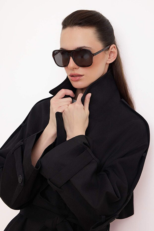 Siyah Oversize Kemerli Kruvaze Kapama Midi Trençkot TWOSS26TR00008 - 3