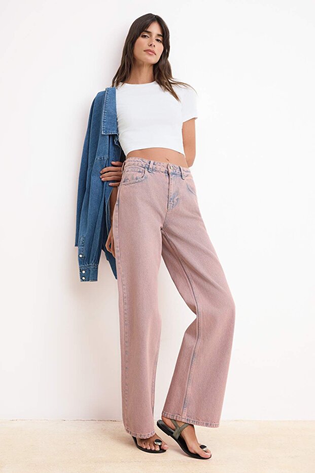 Pembe Yüksek Bel Wide Leg Geniş Paça %100 Pamuklu Jeans TWOSS26JE00175 - 2