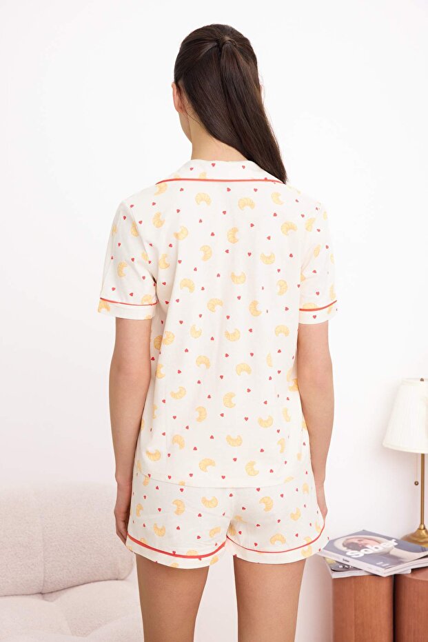 Ekru %100 Pamuklu Kruvasan Desenli Biyeli Örme Pijama Takımı THMSS26PT00060 - 4