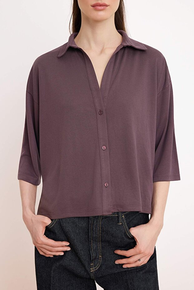 More Sustaniable Mürdüm Relaxed Polo Yaka Truvakar Modal Esnek Örme Bluz TWOSS26BZ00392 - 3