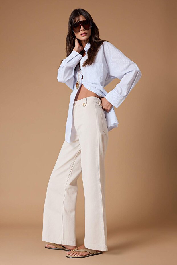 Ekru DÖKÜMLÜ Kemer Detaylı %100 Pamuk Yüksek Bel Kısa Wide Leg Jeans TWOSS26JE00208 - 2