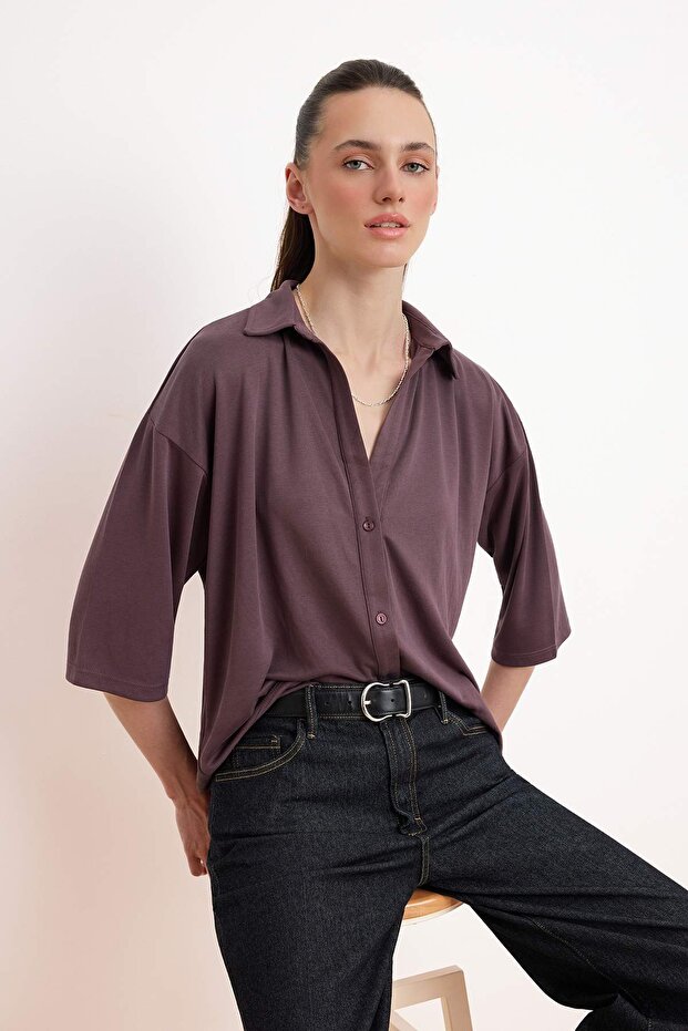 More Sustaniable Mürdüm Relaxed Polo Yaka Truvakar Modal Esnek Örme Bluz TWOSS26BZ00392 - 2
