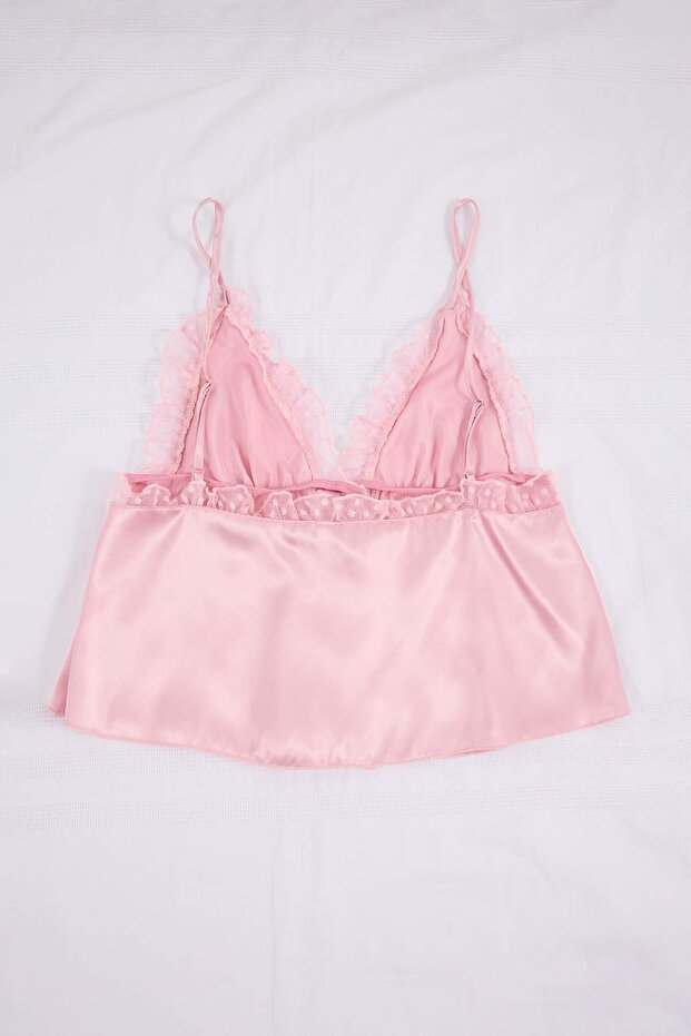 Pembe Puantiyeli Tül Detaylı Saten Dokuma Pijama Takımı THMSS26PT00132 - 7
