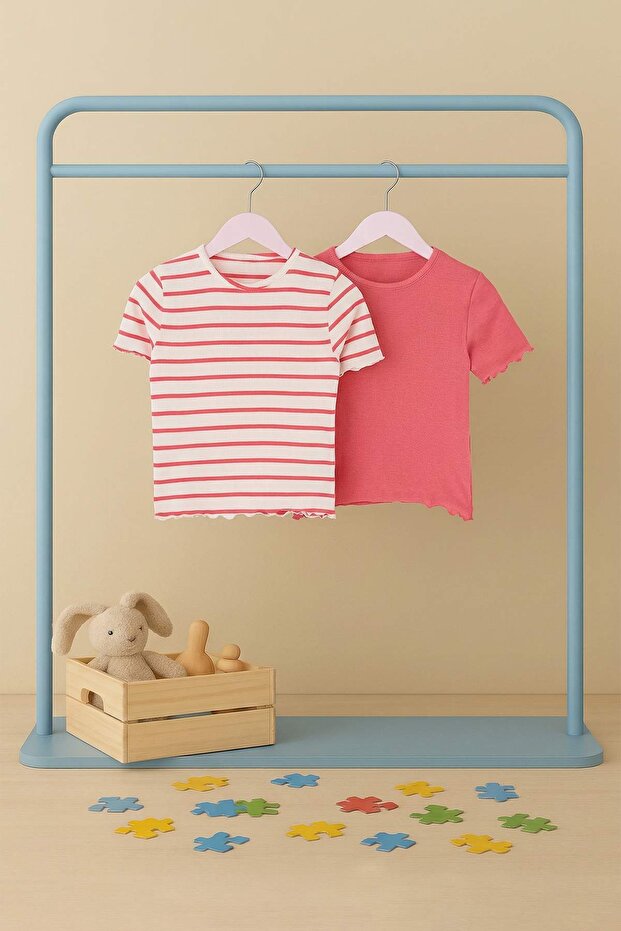 Kırmızı-Ekru 2'li Kız Çocuk Çizgili 23 Nisan Düz Örme T-Shirt TKDSS26TS00012 - 2