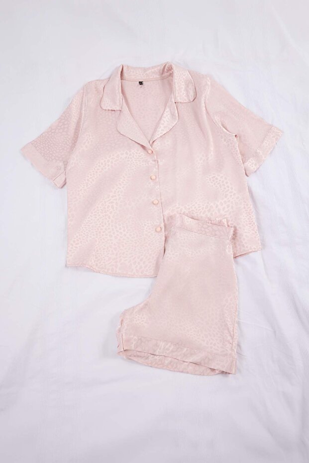 Pudra Leopar Desenli Saten Dokuma Pijama Takımı THMSS26PT00209 - 4