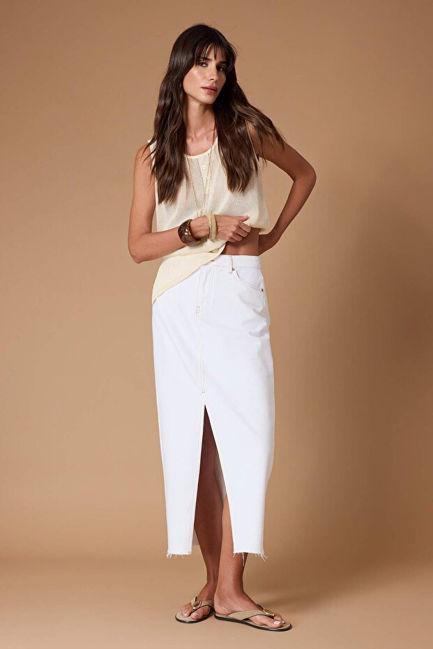 Beyaz Yırtmaçlı Maxi Denim Etek TWOSS23ET00290 - 1
