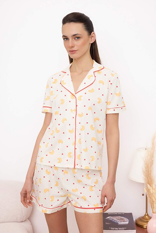 Ekru %100 Pamuklu Kruvasan Desenli Biyeli Örme Pijama Takımı THMSS26PT00060 - 2