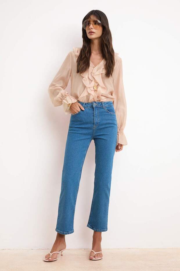 Mavi Yüksek Bel Orta Esnek Straight Düz Kesim Jeans TWOSS26JE00189 - 1