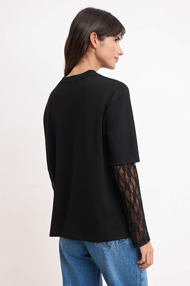 Siyah Oversize/Geniş Kalıp Düşük Kol Dantelli Uzun Kollu Soft Touch Örme T-Shirt TWOSS26TS00191 - 4
