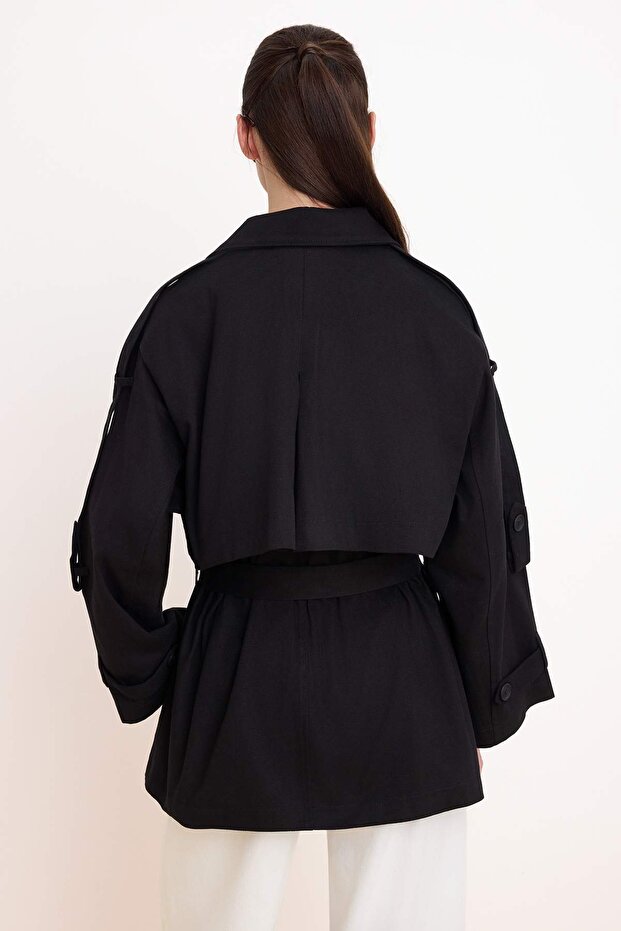Siyah Oversize Kemerli Kruvaze Kapama Midi Trençkot TWOSS26TR00008 - 5