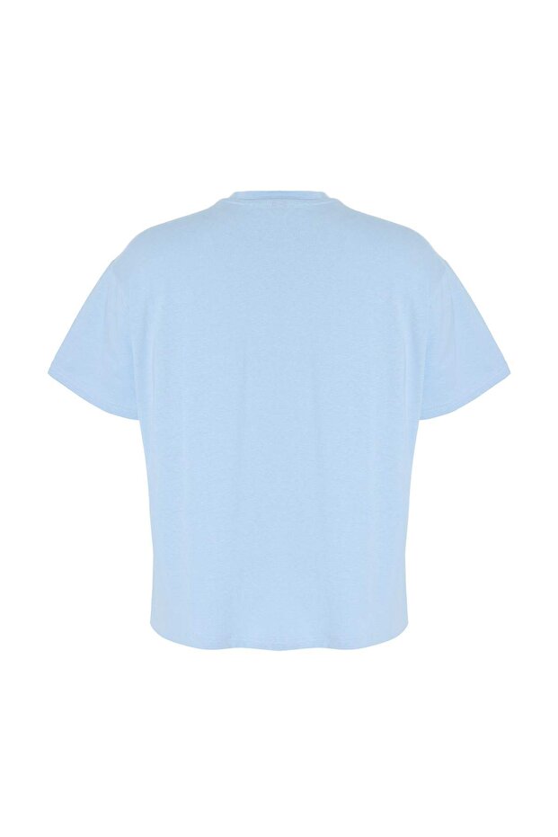 Mavi Geniş Kalıp Bisiklet Yaka Baskılı %100 Pamuk Örme T-shirt TBBSS23AH00131 - 2