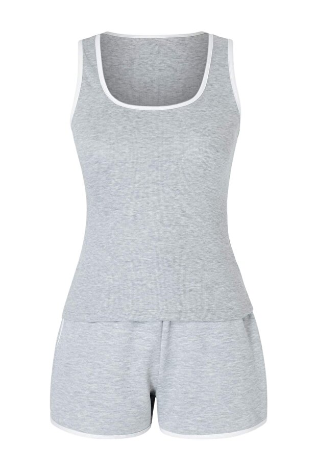 Gri Melanj Renk Bloklu Fitted/Vücuda Oturan Cepli Fitilli Esnek Örme Alt-Üst Takım TWOSS26AU00081 - 5