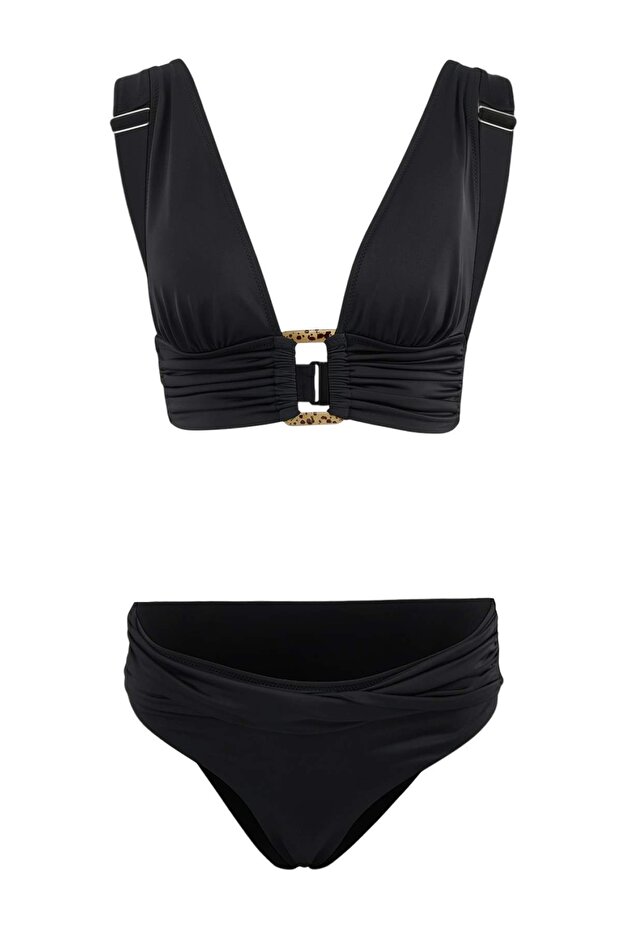 Siyah Aksesuarlı Üçgen Kaplı Brazilian Yüksek Bel Bikini Takımı TBESS25BT00181 - 4