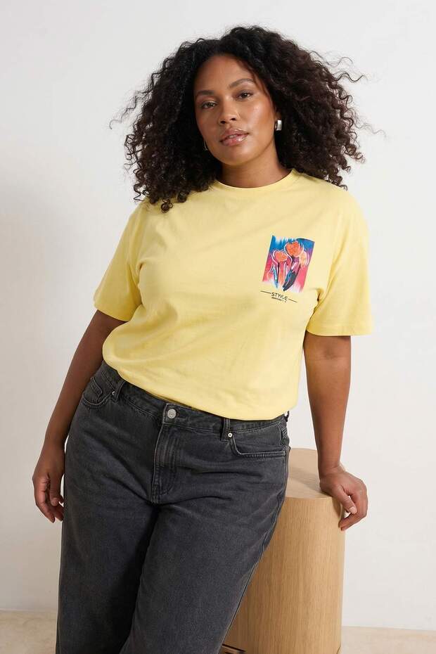 Light Yellow 100% Cotton Oversize/Wide Fit Front and Back Printed Knitted Plus Size T-Shirt Tbbss26Bf00016