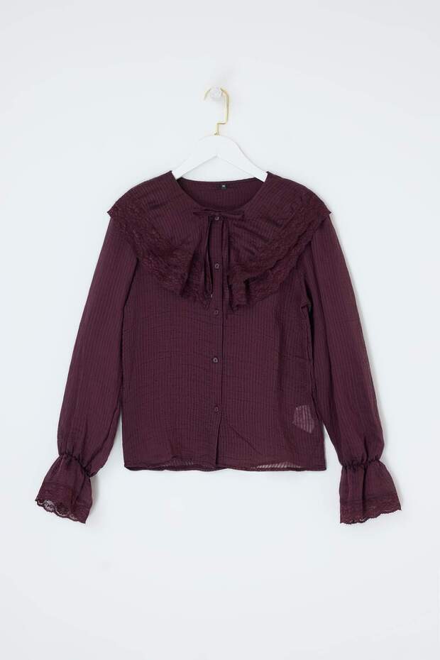 Limited Edition Mürdüm Hafif Transparan Dantel Garnili Gömlek TWOSS26GO00123 - 5