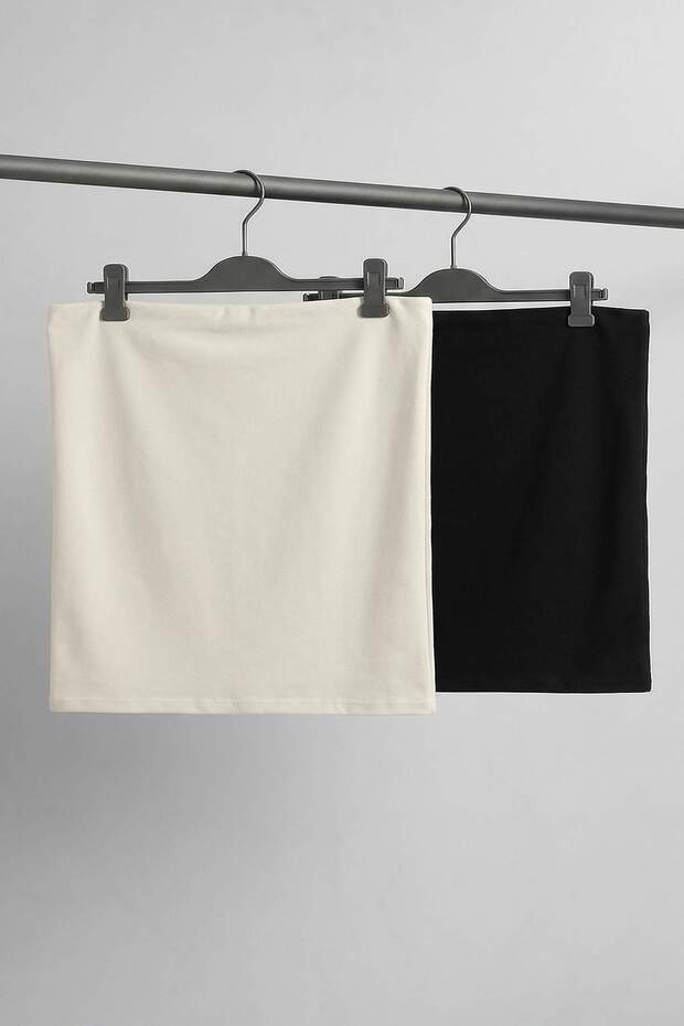 Ekru-Siyah 2'Li Paket Fitted Crop Esnek Örme Bluz TBBSS26AF00083 - 9