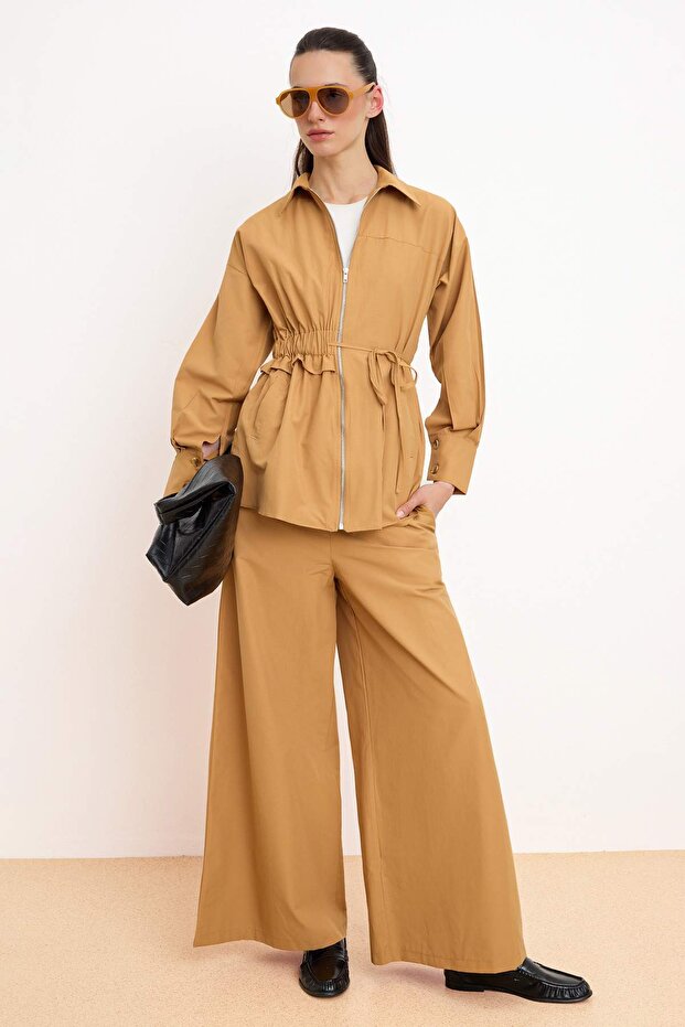 Camel Zippered Tunic Wide Leg Pants Bottom - Top Set Tctss26Us00034