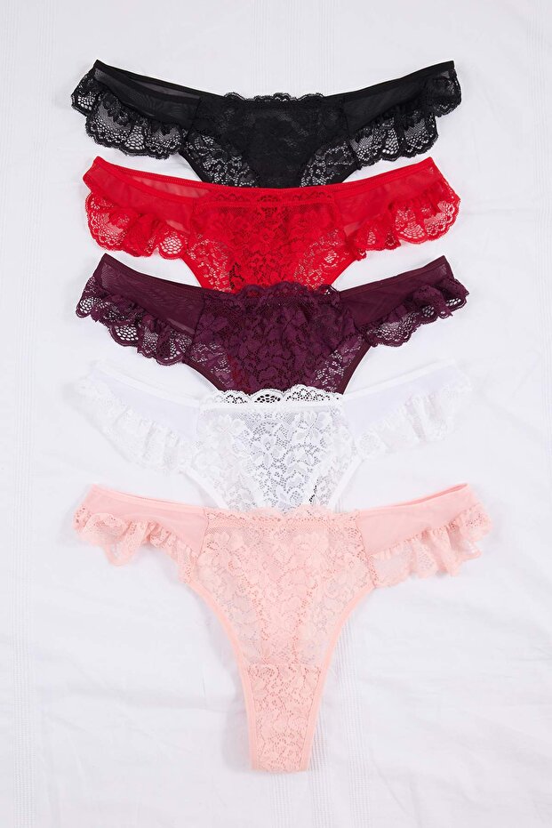 Çok Renkli 5'li Paket Tül Dantel Detaylı Tanga Örme Büyük Beden Külot TBBSS26CM00011 - 4